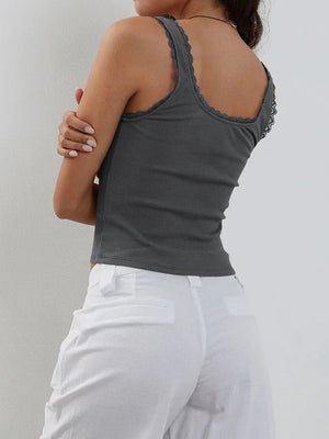 Dark gray ribbed knit cami with lace trim and bow detail
