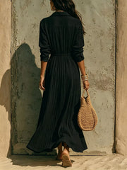 Textured Button Front Long Sleeve Maxi Dress Plus Size in Black, view 15