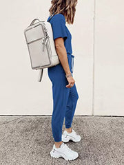 Blue casual round neck top and jogger pants set with drawstring waist.