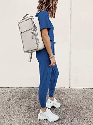 Blue casual round neck top and jogger pants set with drawstring waist.