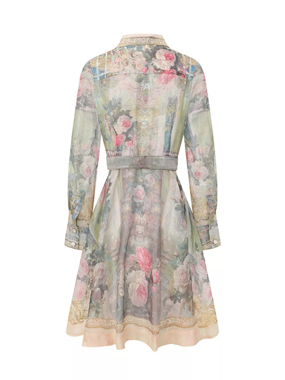 Pastel floral print button-down shirt dress with a belted waist and long sleeves.