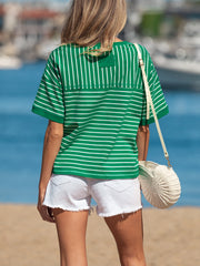 Relaxed-fit green and white striped cotton t-shirt with crew neck and short sleeves.