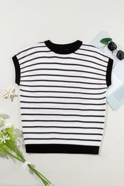 Black and cream striped knit sweater with contrast trim and crew neck.