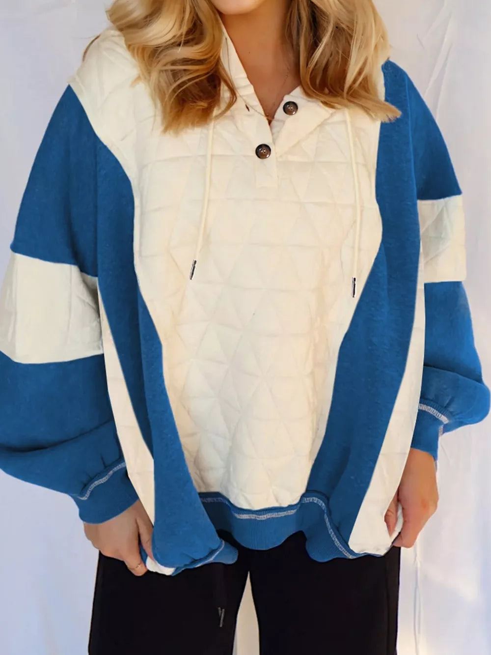 Quilted Fleece Color Block Oversize Hoodie in Ivory, side view