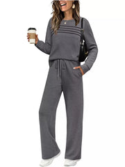 Casual Long Sleeve Crewneck Top & Drawstring Pants Set