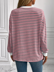 Horizontal stripe crewneck sweatshirt in Dusty Pink with white cuffs and neckline