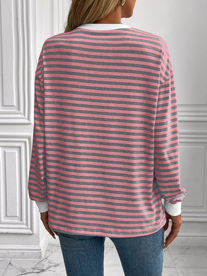 Horizontal stripe crewneck sweatshirt in Dusty Pink with white cuffs and neckline