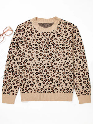 Savanna Spot Long Sleeve Knit Top in beige with animal print, crew neck, and ribbed cuffs and hem.
