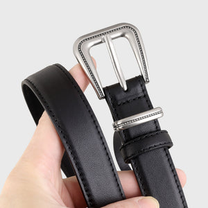 Black cowhide leather belt with ornate silver buckle and keeper