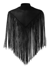Black mock neck top with embellished collar and long fringe overlay.