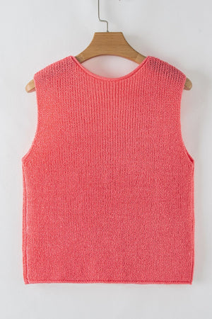 Burnt Coral knit tank top with a textured weave and crew neckline.