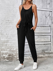 Black chain-strap gathered waist jumpsuit with tie belt and pockets