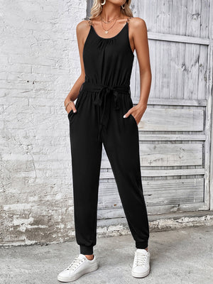 Black chain-strap gathered waist jumpsuit with tie belt and pockets