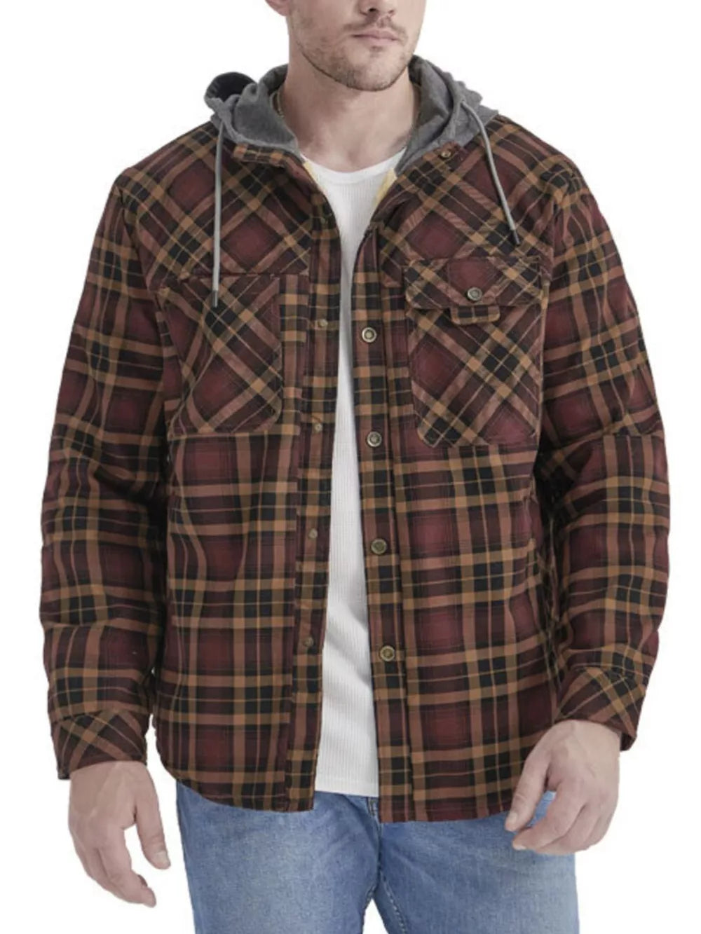 Men's plaid flannel hooded jacket in brown with buttoned chest pockets and grey drawstring hood.