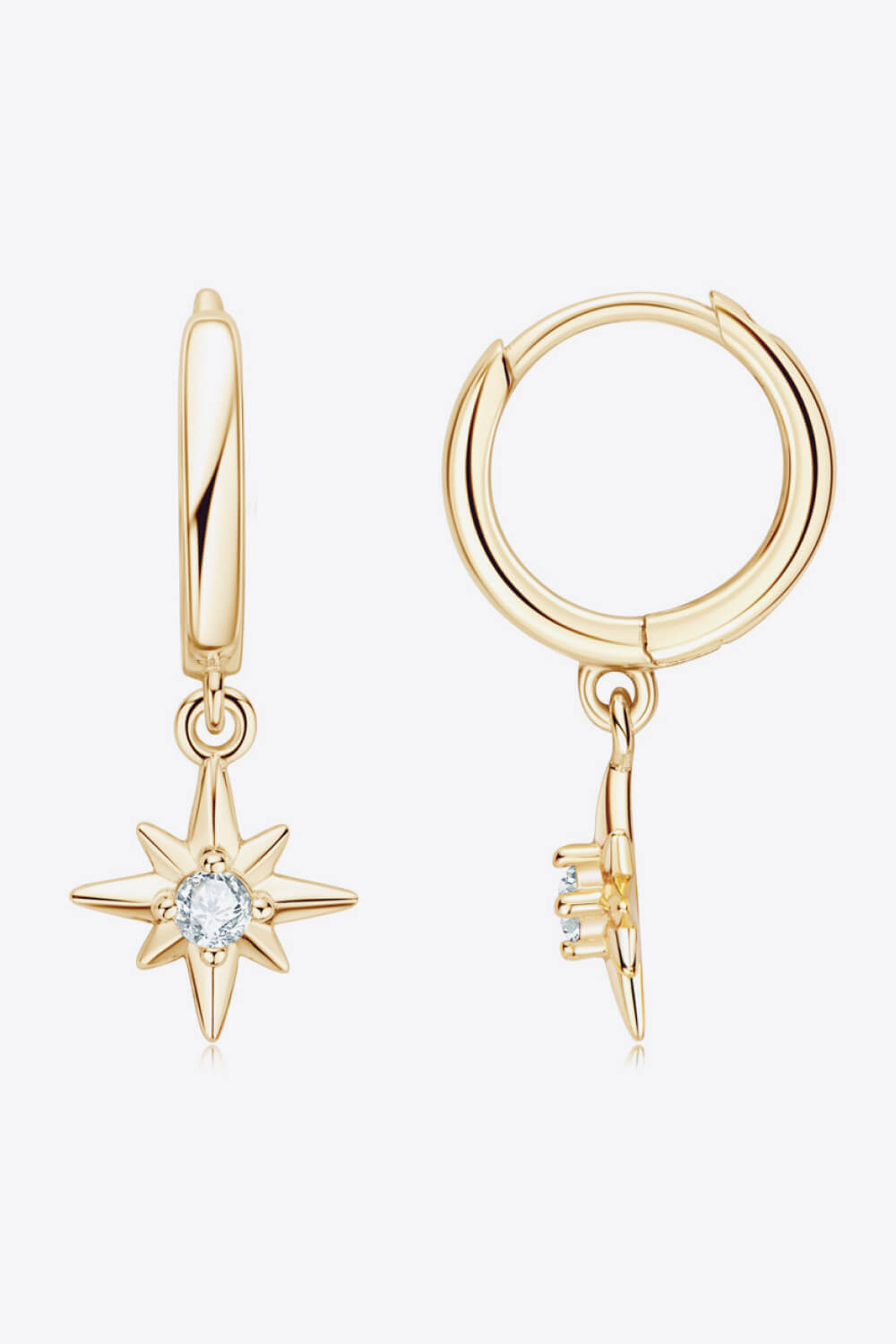Gold hoop earrings with starburst charms and clear cubic zirconia accents.