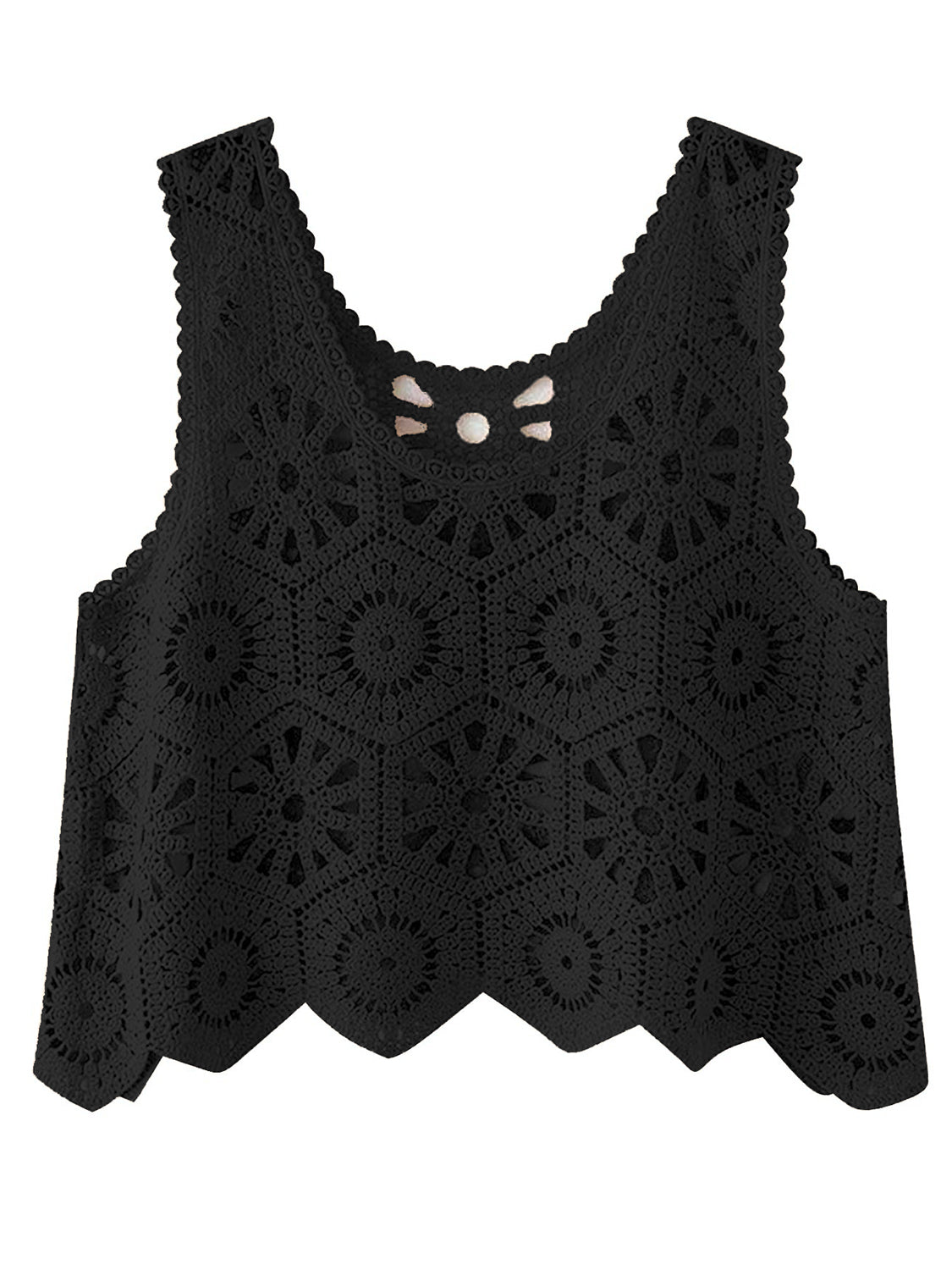 Black crochet medallion tank top with scalloped hem and neckline detail