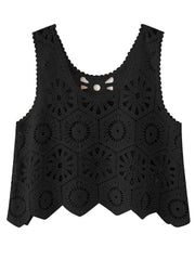Black crochet medallion tank top with scalloped hem and neckline detail