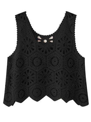 Black crochet medallion tank top with scalloped hem and neckline detail