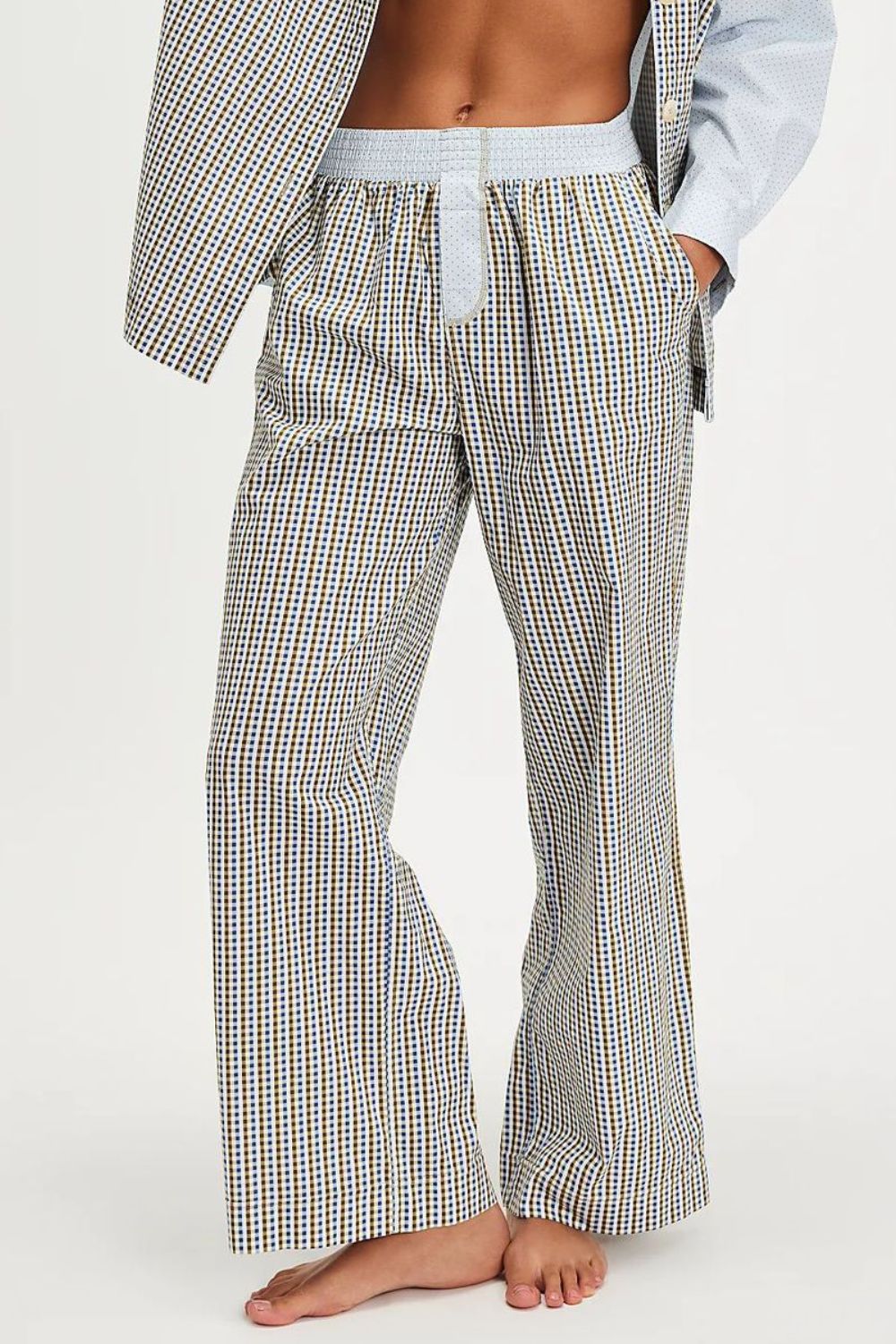 Gingham wide-leg lounge trousers in light gray cotton with a drawstring waist and pockets.