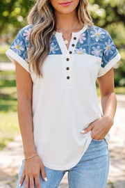 White maternity t-shirt with embroidered floral yoke and button detail