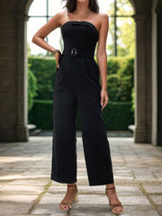Black bandeau jumpsuit with buckle belt and wide legs