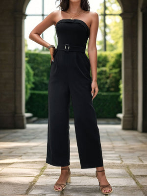 Black bandeau jumpsuit with buckle belt and wide legs