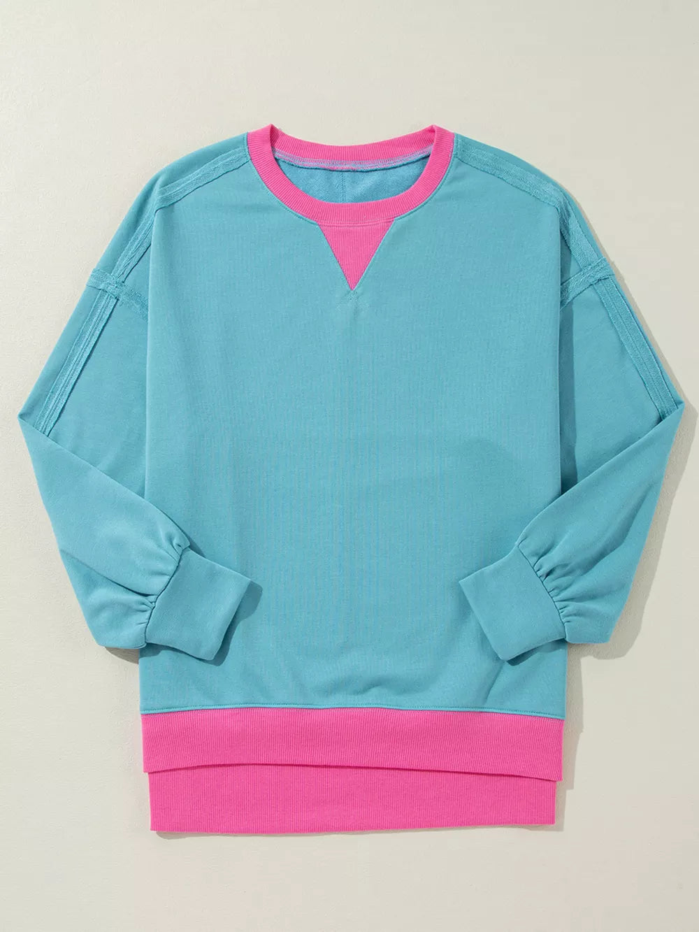 Colorblock Patchwork Crew Neck Sweatshirt in Teal, side view