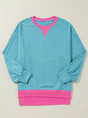 Colorblock Patchwork Crew Neck Sweatshirt in Teal, side view