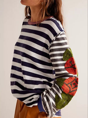 Striped long sleeve tee with embroidered floral detail on sleeves