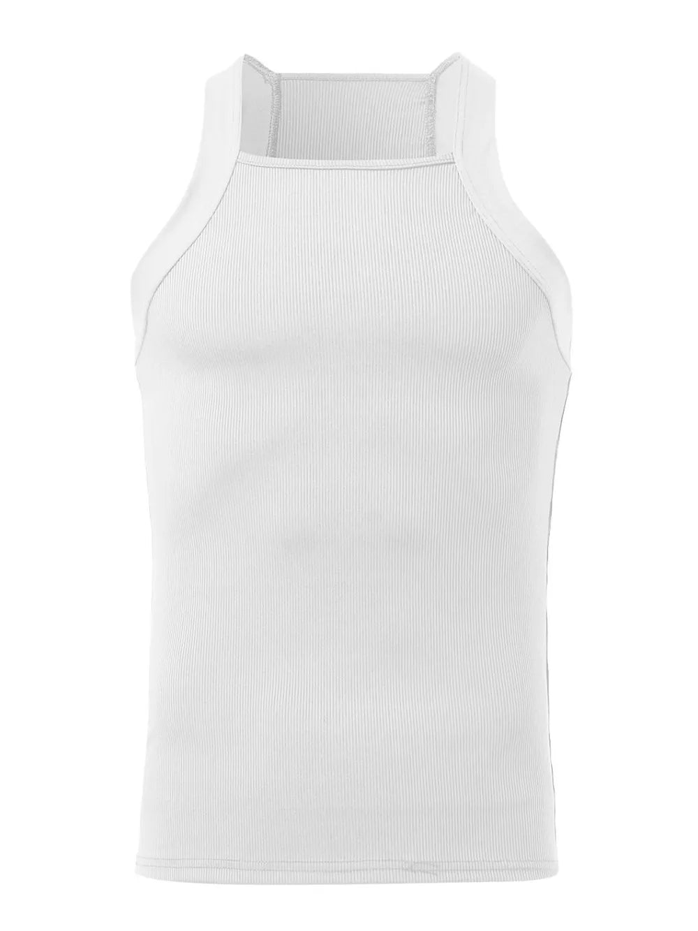 White ribbed tank top with square neckline and wide straps