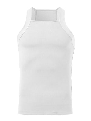 White ribbed tank top with square neckline and wide straps