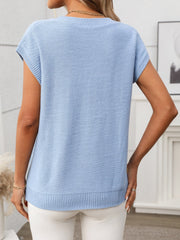 Light blue cable knit V-neck vest with short sleeves and ribbed hem.