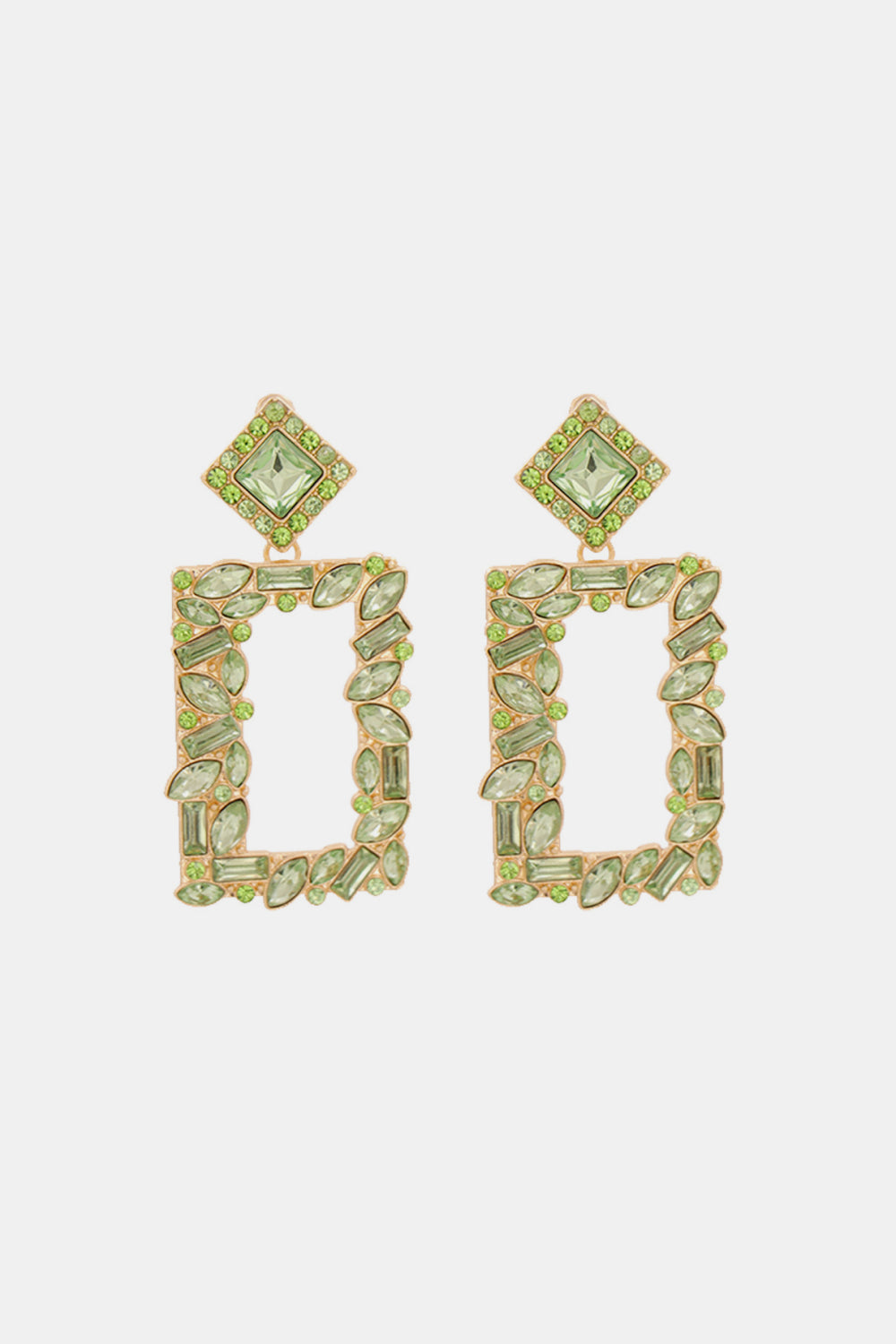 Light Green Geometric Jewel Box Earrings with diamond top and rectangular frame.