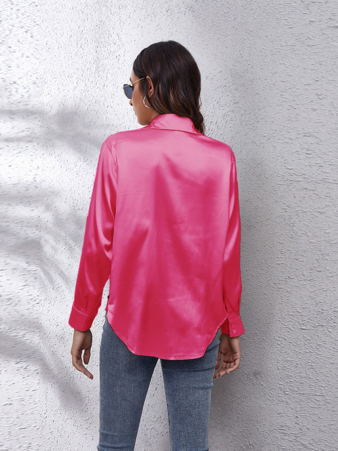 Luxe satin collared button-down shirt in strawberry pink, long sleeves, relaxed fit