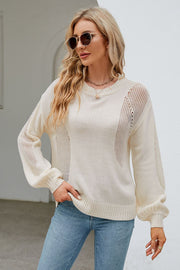 Cream knit sweater with slit detail and balloon sleeves, crew neck, acrylic.