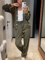 Army green button-front lounge set with drawstring pants and a white tank top.