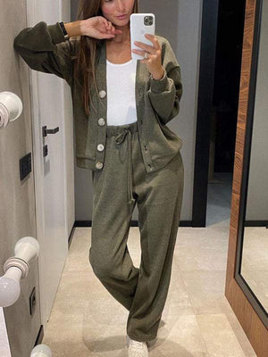 Army green button-front lounge set with drawstring pants and a white tank top.