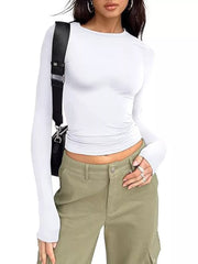 White long sleeve t-shirt with ruching detail on the side, crew neck, and fitted silhouette.