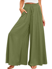Textured olive brown drawstring palazzo trousers with wide legs and pockets.