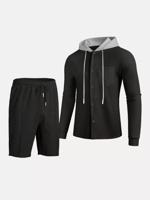 Men's Casual Hooded Button-up Shirt And Shorts Set, editorial view