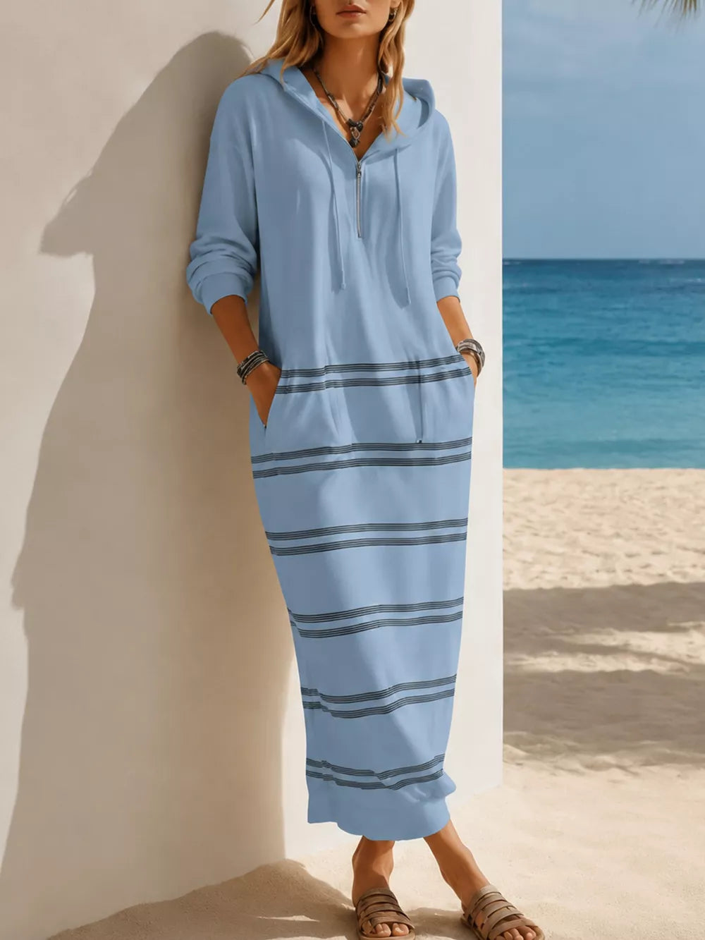 Casual Striped Drawstring Hooded Dress in White, alternate angle