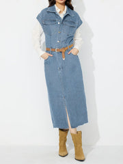Sleeveless denim midi dress in light wash with button front and side slit