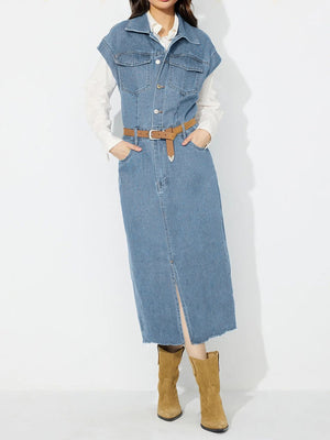 Sleeveless denim midi dress in light wash with button front and side slit