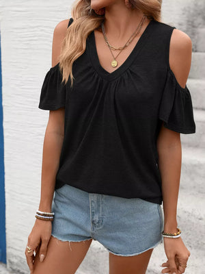 Black ruched cold shoulder t-shirt with V-neck and flutter sleeves.