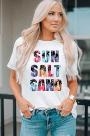 White t-shirt with Sun Salt Sand typography and palm tree graphic print
