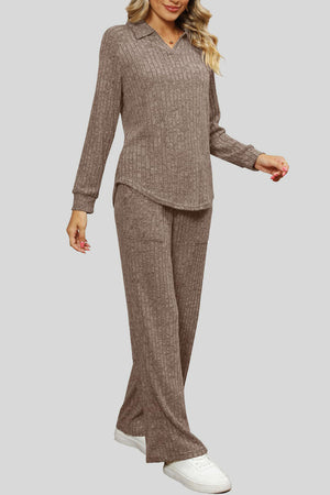 Ribbed knit lounge set in mocha with collared long sleeve top and wide leg pants.