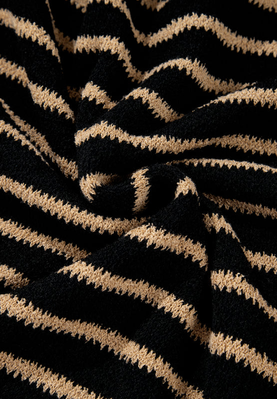 Black and tan horizontal stripe slouchy knit jumper with a textured stitch.