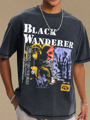 Black Wanderer graphic tee in washed cotton with crew neck and short sleeves.