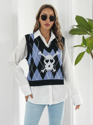 Argyle knit vest in black and blue with skull intarsia detail, V-neck, sleeveless.