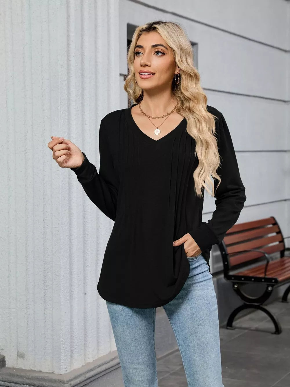 Black V-neck long sleeve maternity t-shirt with subtle pleat detail on the front.